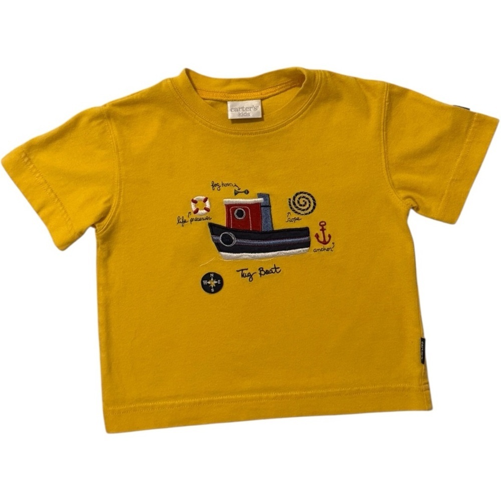 Vintage Carter’s Kids Tug Boat Nautical Graphic Tee Yellow Short Sleeve 12 Month